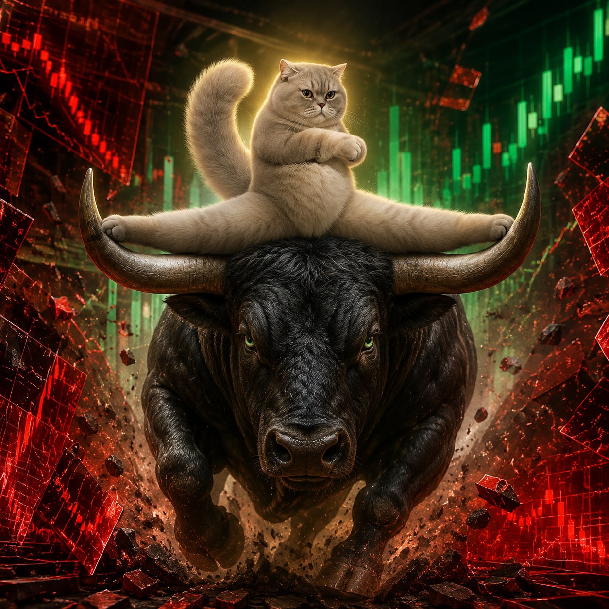 KAT riding a charging bull through red and green charts